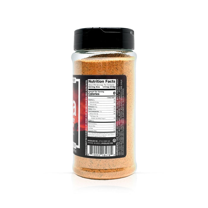 Spiceology Cowboy Candy carnalized jalapeno seasoning bottle displaying nutrition facts and ingredient information.