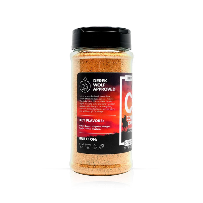 Side view of Cowboy Candy carnalized jalapeno seasoning bottle