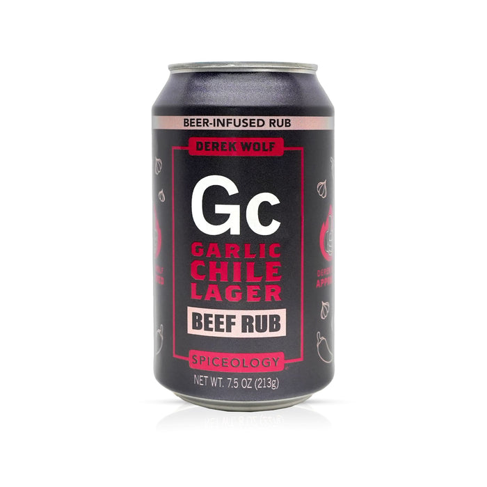 Can of Spiceology Derek Wolf Garlic Chile Lager Beef Rub on a white background