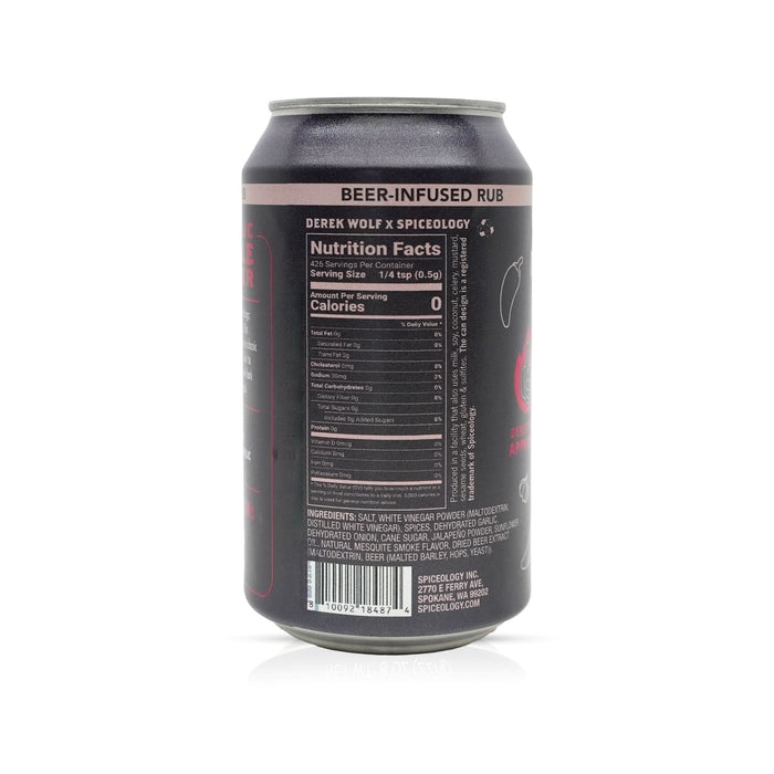Black can of of Garlic Chile Lager Beef Rub with nutrition facts label on a white background