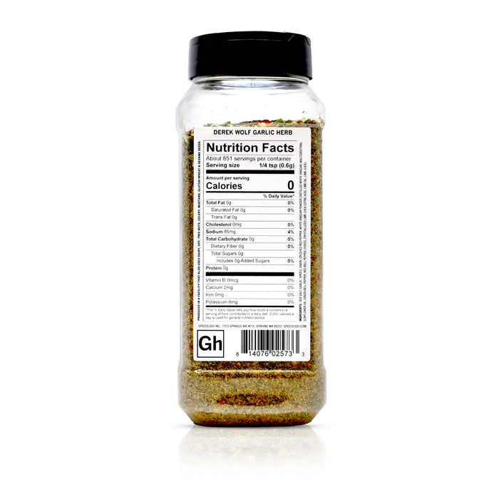 Back view of Spiceology Derek Garlic Herb nutrition facts and ingredient information.
