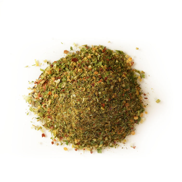 Close up of light green, dark green, red and yellow flakes
