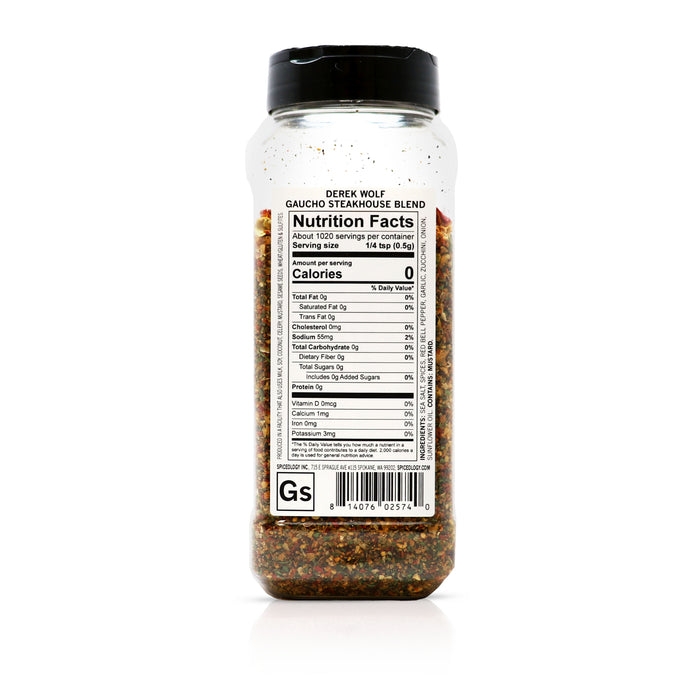 Back view of Spiceology Derek Gaucho Steakhouse Brazilian-Inspired Blend nutrition facts and ingredient information.