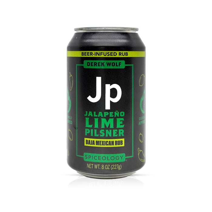 Can of Spiceology Derek Wolf Jalapeño Lime Pilsner with green and white text on a black background