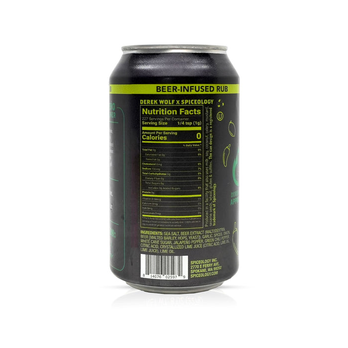 Black can with green text and nutrition facts label on a white background