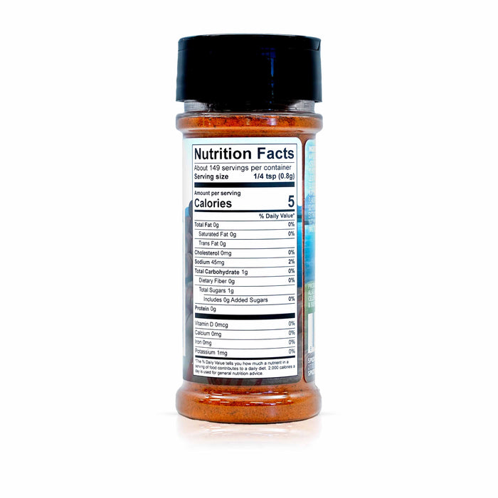 Back view of Spiceology derek wolf maple bourbon bbq rub displaying nutrition facts