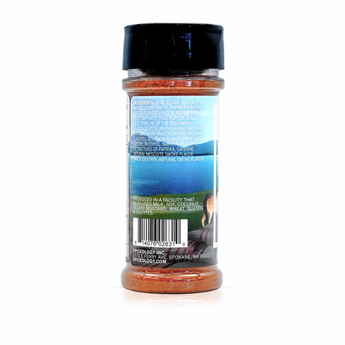 Back view of Spiceology derek wolf maple bourbon bbq rub displaying ingredient information
