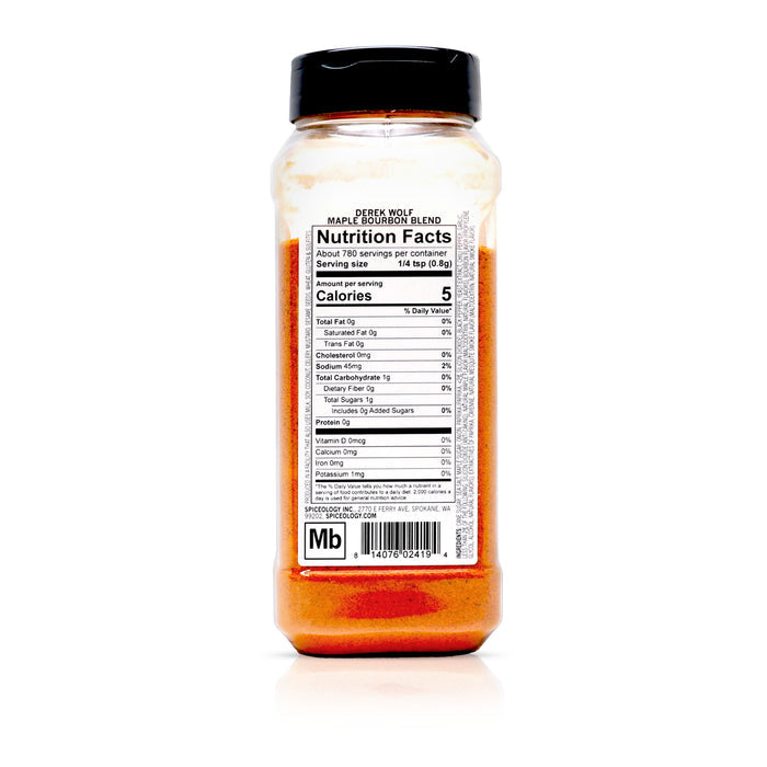 Back view of Spiceology Derek Wolf Maple Bourbon Blend nutrition facts and ingredient information.