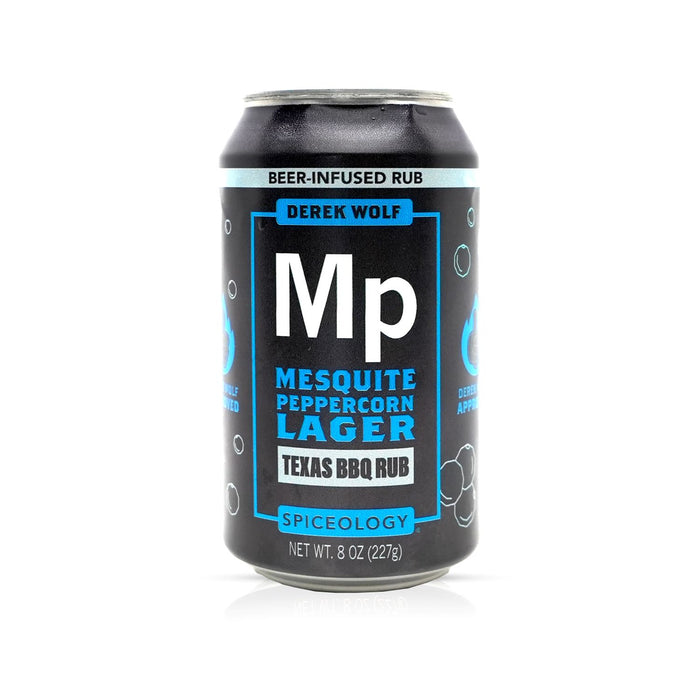 Black can of Spiceology Derek Wolf Mesquite Peppercorn Lager Texas BBQ Rub on a white background