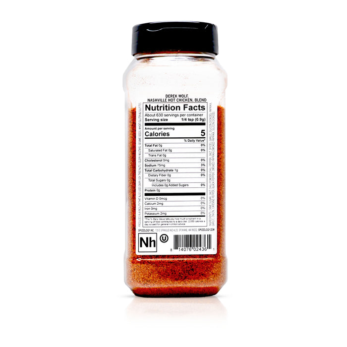 Back view of Spiceology Derek Wolf Nashville Hot Chicken Seasoning nutrition facts and ingredient information.