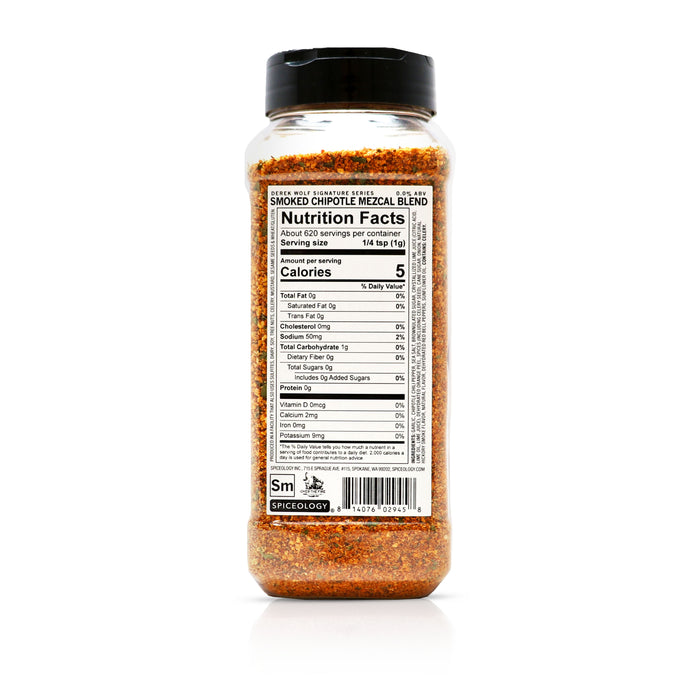 Back view of Spiceology Derek Wolf Smoked Chipotle Mezcal Spirit infused Blend nutrition facts and ingredient information.