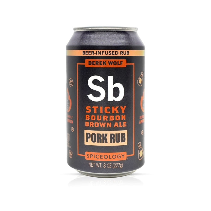 Can of Spiceology Derek Wolf Sticky Bourbon Brown Ale Pork Rub on a white background