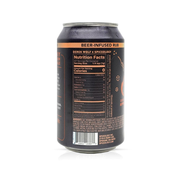 Black can with yellow text and nutrition facts label on a white background