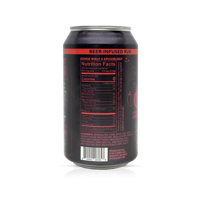 Black can with red text and nutrition facts label on a white background
