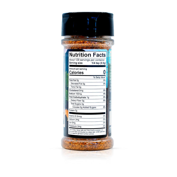 Side view of Spiceology derek wolf tennessee smoke bbq rub nutrition facts and ingredient information.