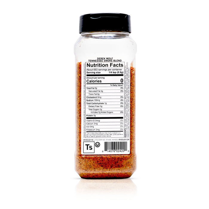 Back view of Spiceology Derek Wolf Tennessee Smoke Blend nutrition facts and ingredient information.