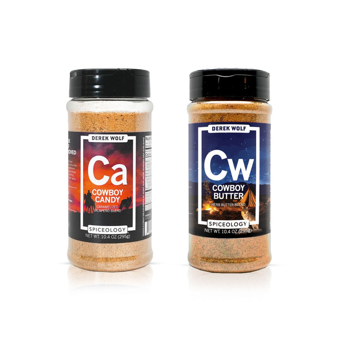Two spice jars labeled 'Cowboy Butter' and 'Cowboy Candy'
