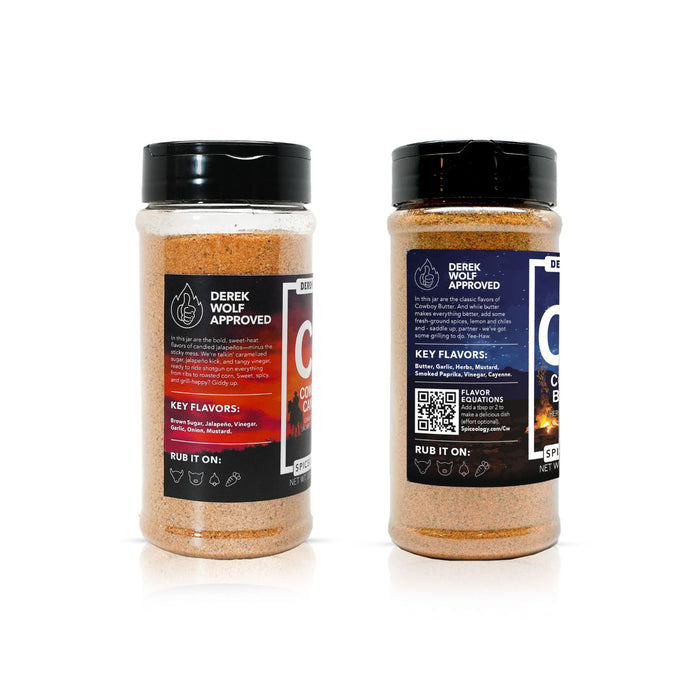 Two jars of 'Cowboy Butter' and 'Cowboy Candy' seasoning on a white background