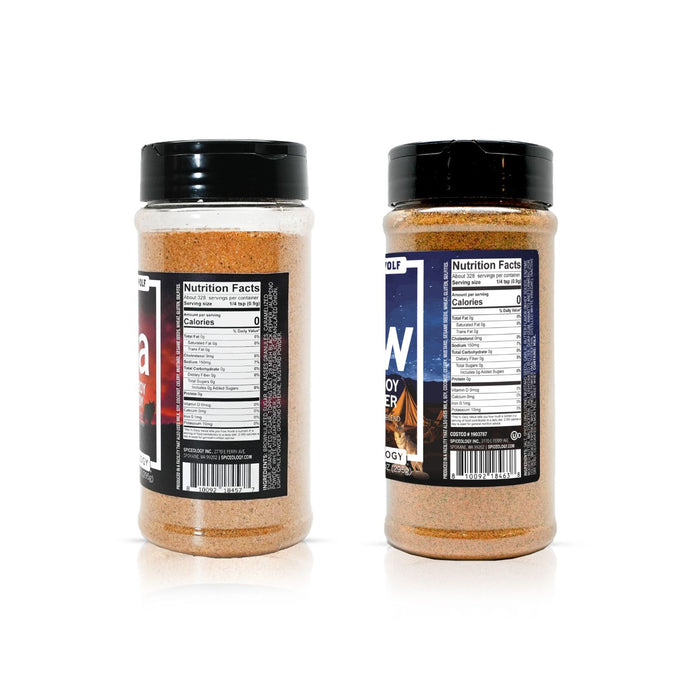 Two spice jars labeled 'Cowboy Butter' and 'Cowboy Candy' displaying nutrition facts and ingredient information.