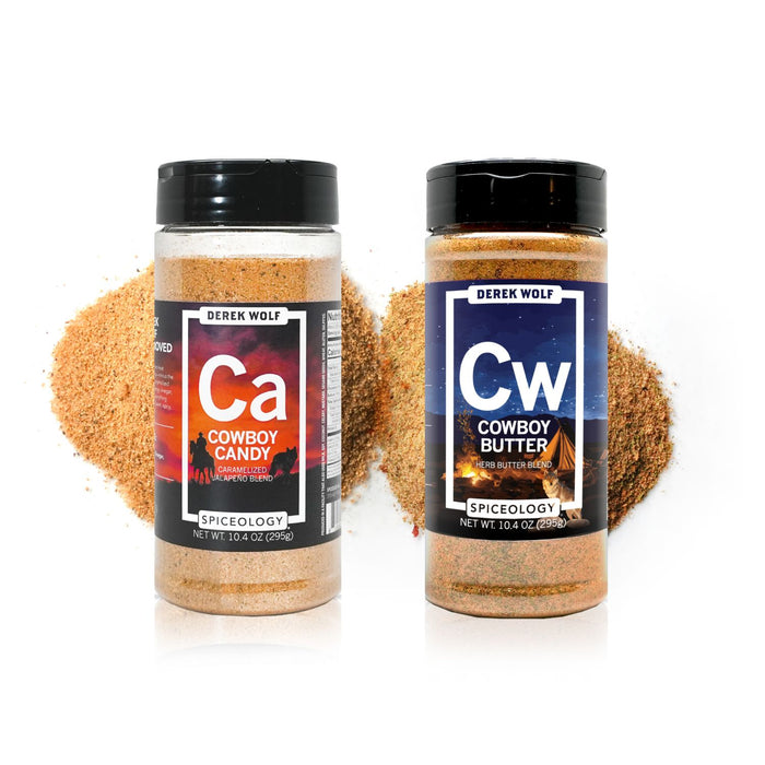 Two spice jars labeled 'Cowboy Butter' and 'Cowboy Candy' spices on a white background