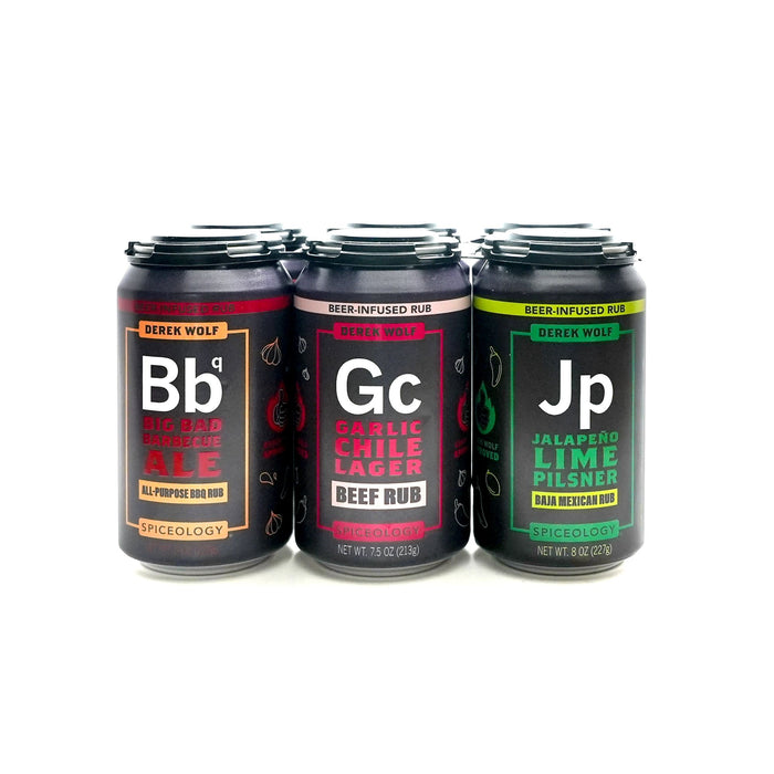 Three cans of Spiceology Derek Wolf Ultimate 6-Pack Beer-Infused Rub Sampler showing Big Bad Barbecue Ale, Garlic Chile Lager and Jalapeno Lime Pilsner on a white background