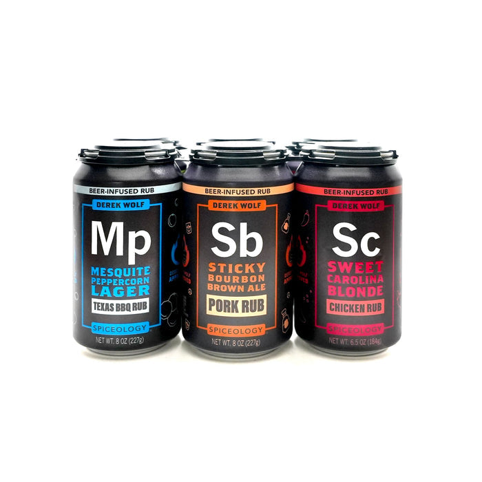 Three cans of Spiceology Derek Wolf Ultimate 6-Pack Beer-Infused Rub Sampler showing Mesquite Peppercorn Lager, Sticky Bourbon Brown Ale and Sweet Carolina Blonde on a white background