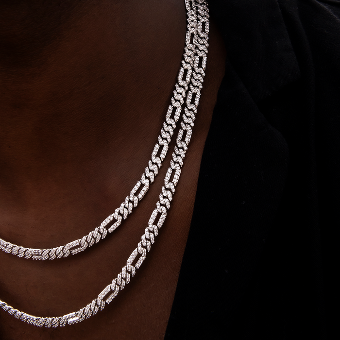 Diamond Figaro Chain + Bracelet Bundle in White Gold- 6mm