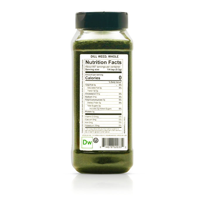 Back view of Spiceology Dill Weed, Whole nutrition facts and ingredient information.