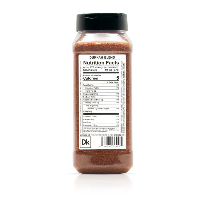 Back of Spiceology dukkah blend displaying nutrition facts and ingredient information.