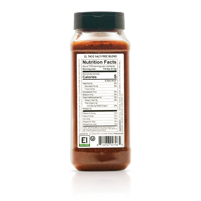 Back view of Spiceology El Taco salt free blend nutrition facts and ingredient information.