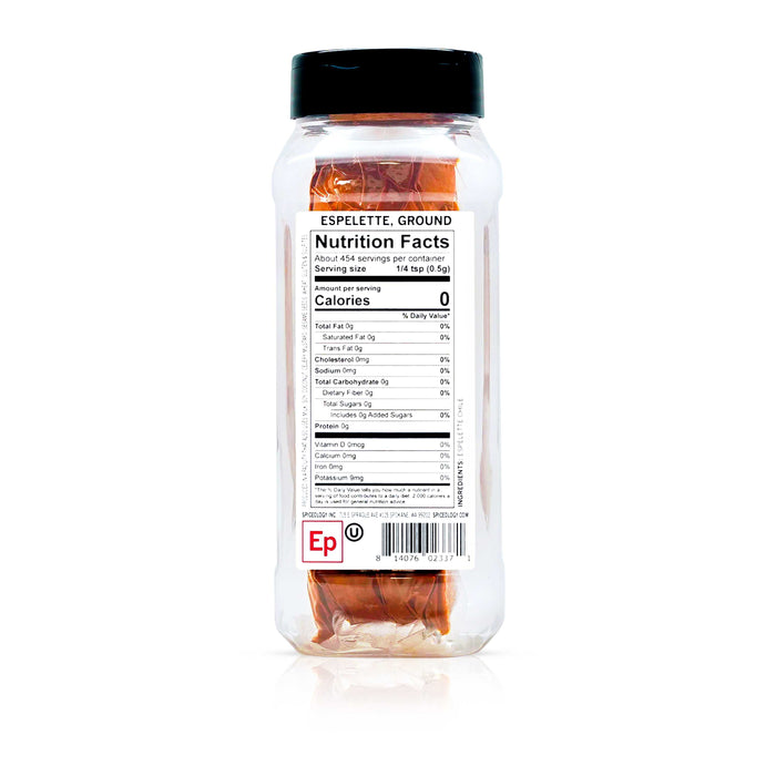 Back view of Spiceology ground Espelette nutrition facts and ingredient information.