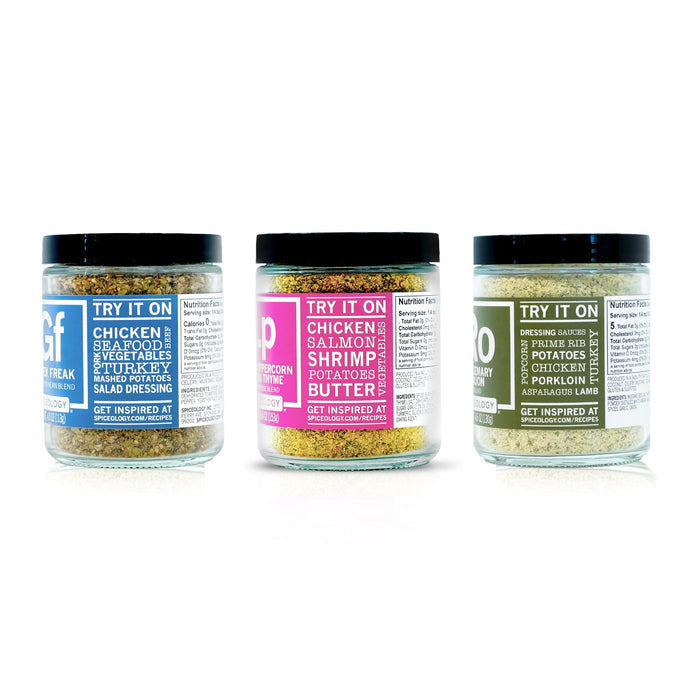 Three jars of Spiceology Everyday Bundle spice blends