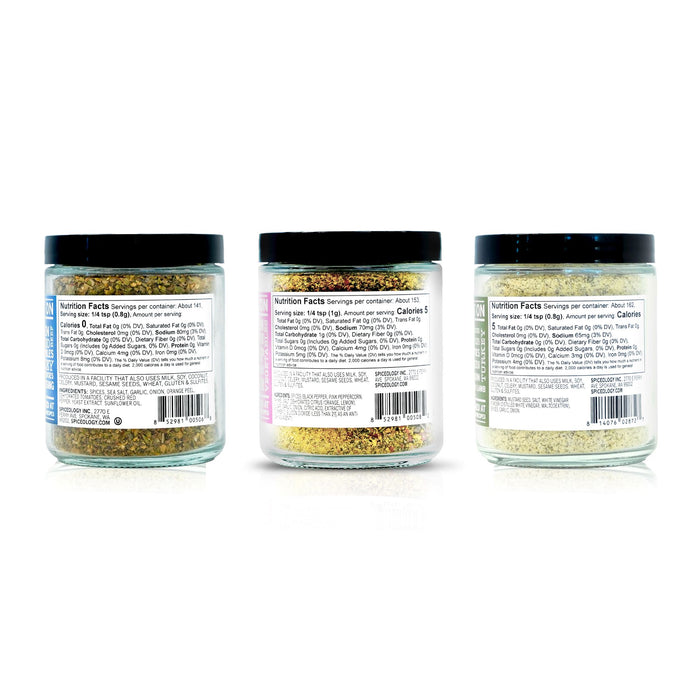 Three jars of Spiceology Everyday bundle spice blends nutrition facts labels on a white background