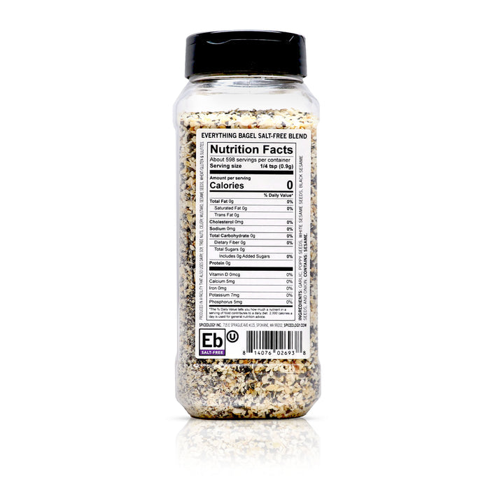 Back view of Spiceology everything bagel salt free blend nutrition facts and ingredient information.