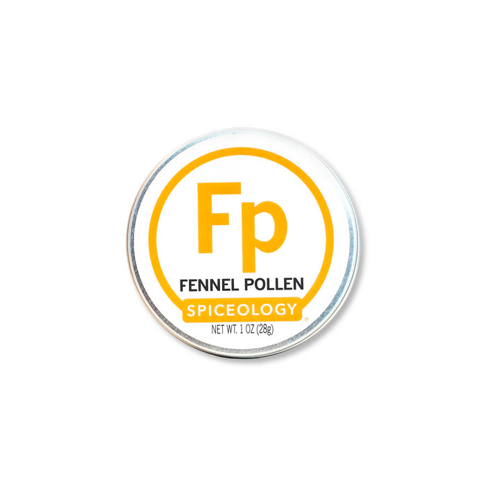 Tin of Spiceology fennel pollen on a white background