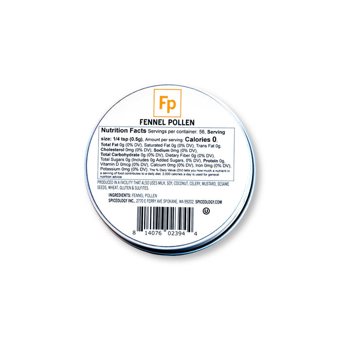 Back view of Spiceology Fennel pollen tin showing nutrition facts and ingredient information.