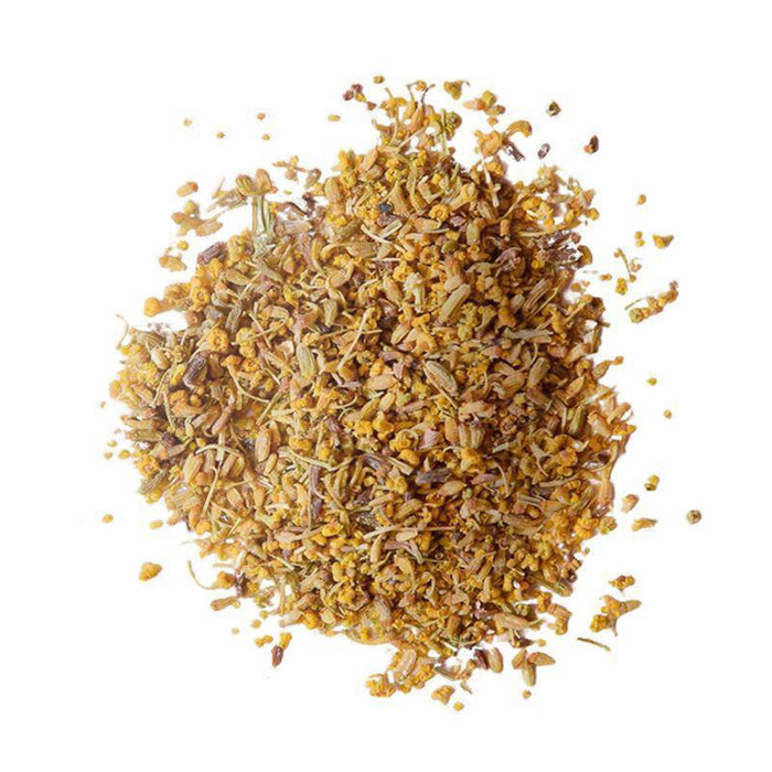 Closeup of golden yellow and pale pink pollen