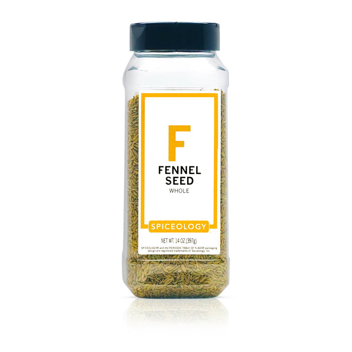 Bottle of Spiceology fennel seed on a white background
