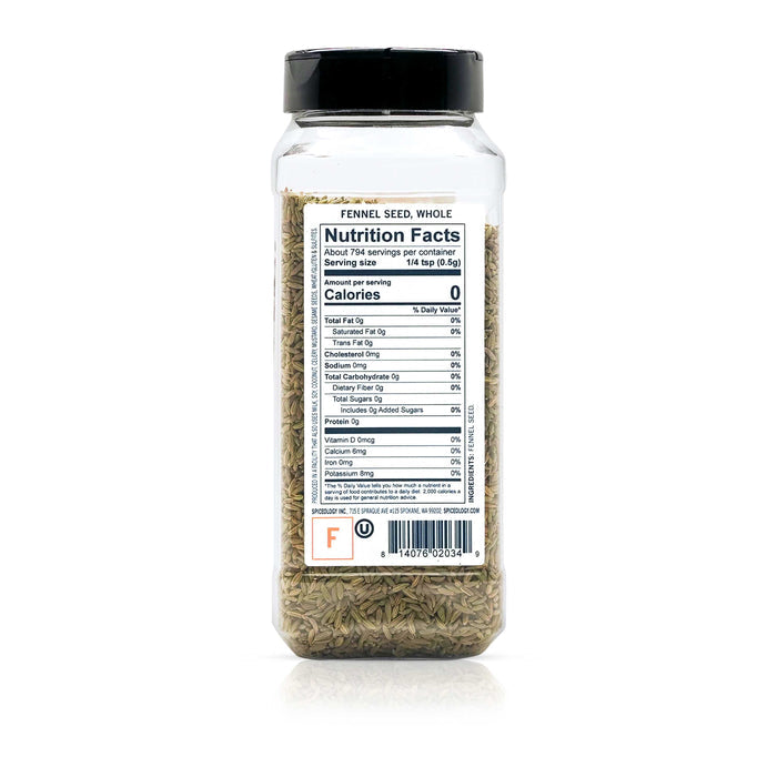 Back view of Spiceology whole Fennel seed nutrition facts and ingredient information.