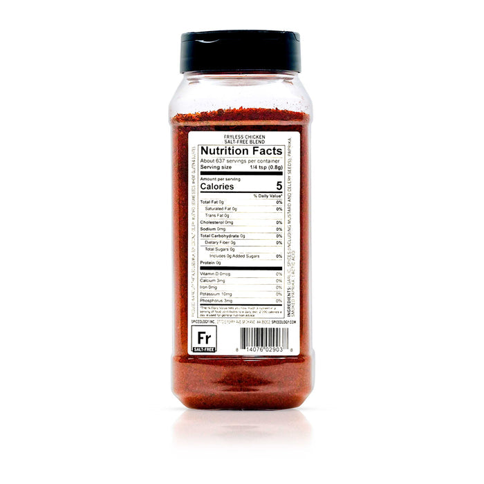 Back view of Spiceology Fryless Chicken Salt-Free blend nutrition facts and ingredient information.