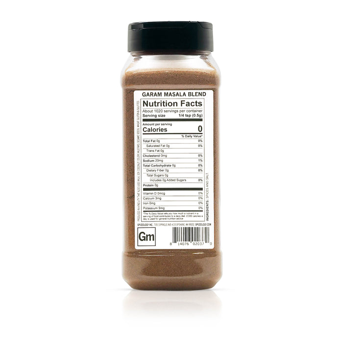 Back view of Spiceology garam masala displaying nutrition facts and ingredient information.