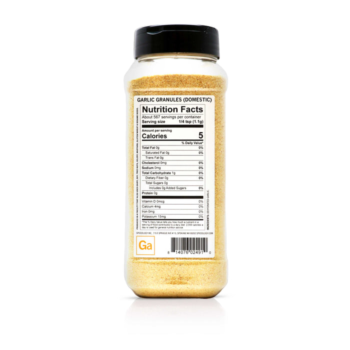 Back view of Spiceology garlic granules domestic nutrition facts and ingredient information.