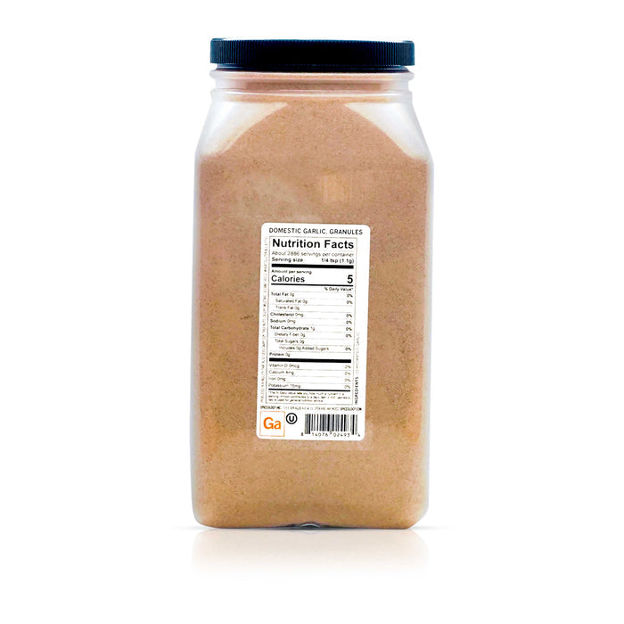 Back view of Spiceology Domestic Garlic Granules nutrition facts and ingredient information.