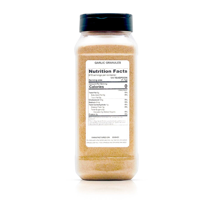 Back view of Spiceology imported garlic granules nutrition facts and ingredient information.