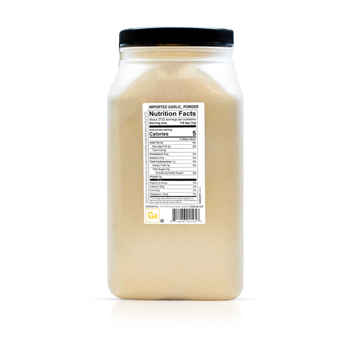 Back view of Spiceology garlic granules imported displaying nutrition facts and ingredient information.
