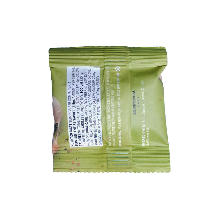 Back of light green packet of Garlic Junkie packet of Maple Bourbon with white text on a white background