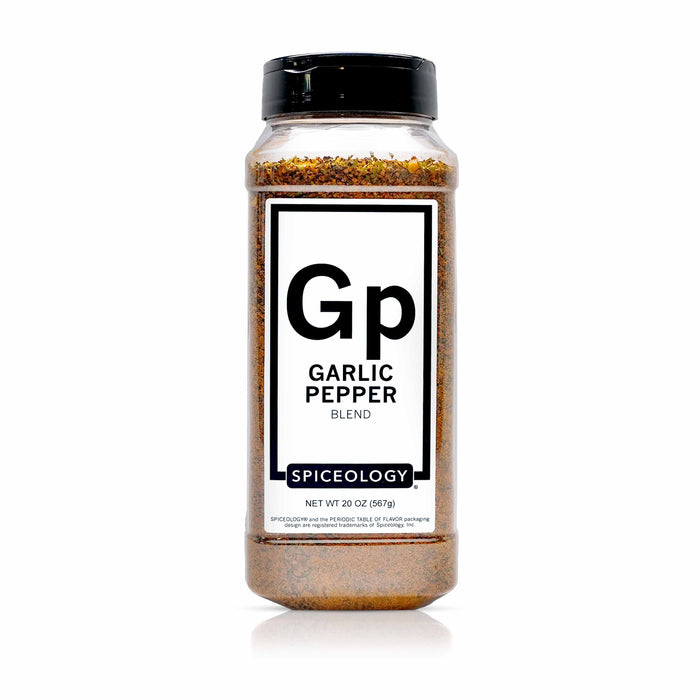 Bottle of Spiceology Garlic Pepper Blend on a white background