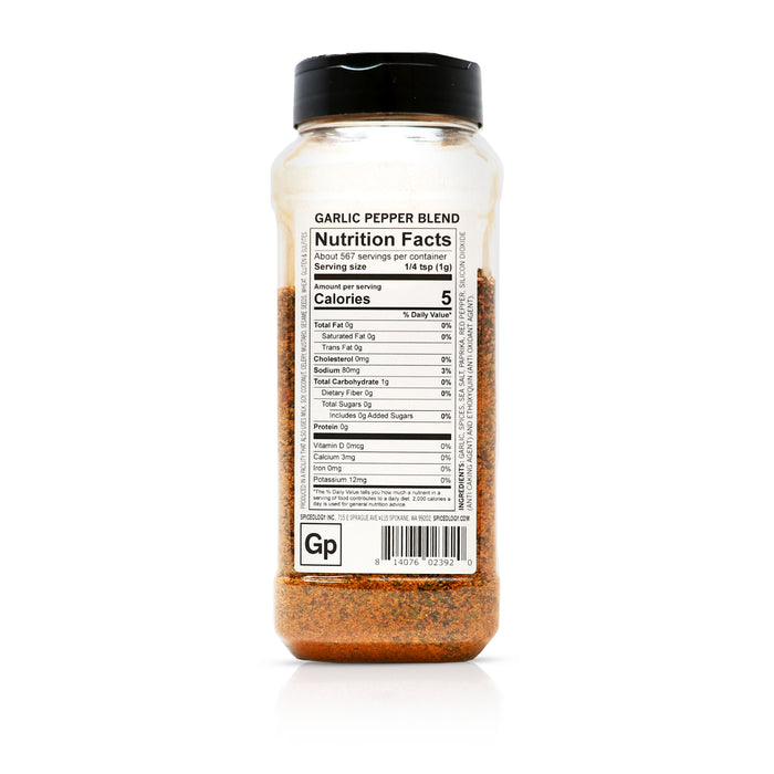 Back view of Spiceology Garlic Pepper blend nutrition facts and ingredient information.