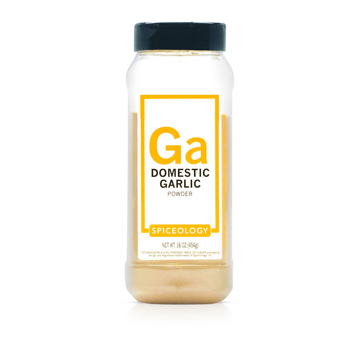 Spiceology garlic powder domestic bottle on a white background