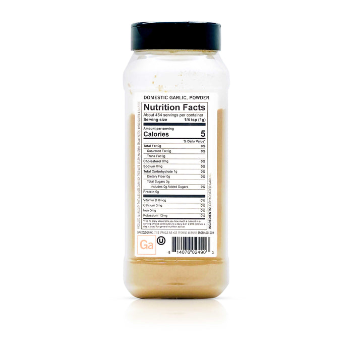 Back view of Spiceology domestic garlic powder nutrition facts and ingredient information.